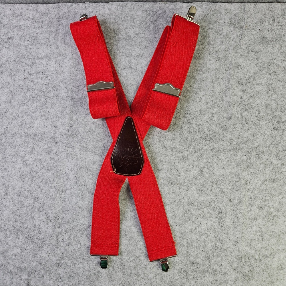 Vintage Red X-Back Suspenders Leather Sun Cloud Embossed Silver Clips Adjustable
